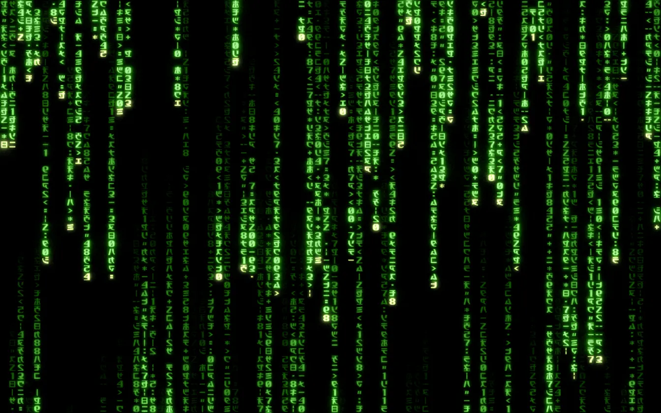 Movie-accurate dense green digital rain with glowing lead glyphs — Rezmason’s web Matrix