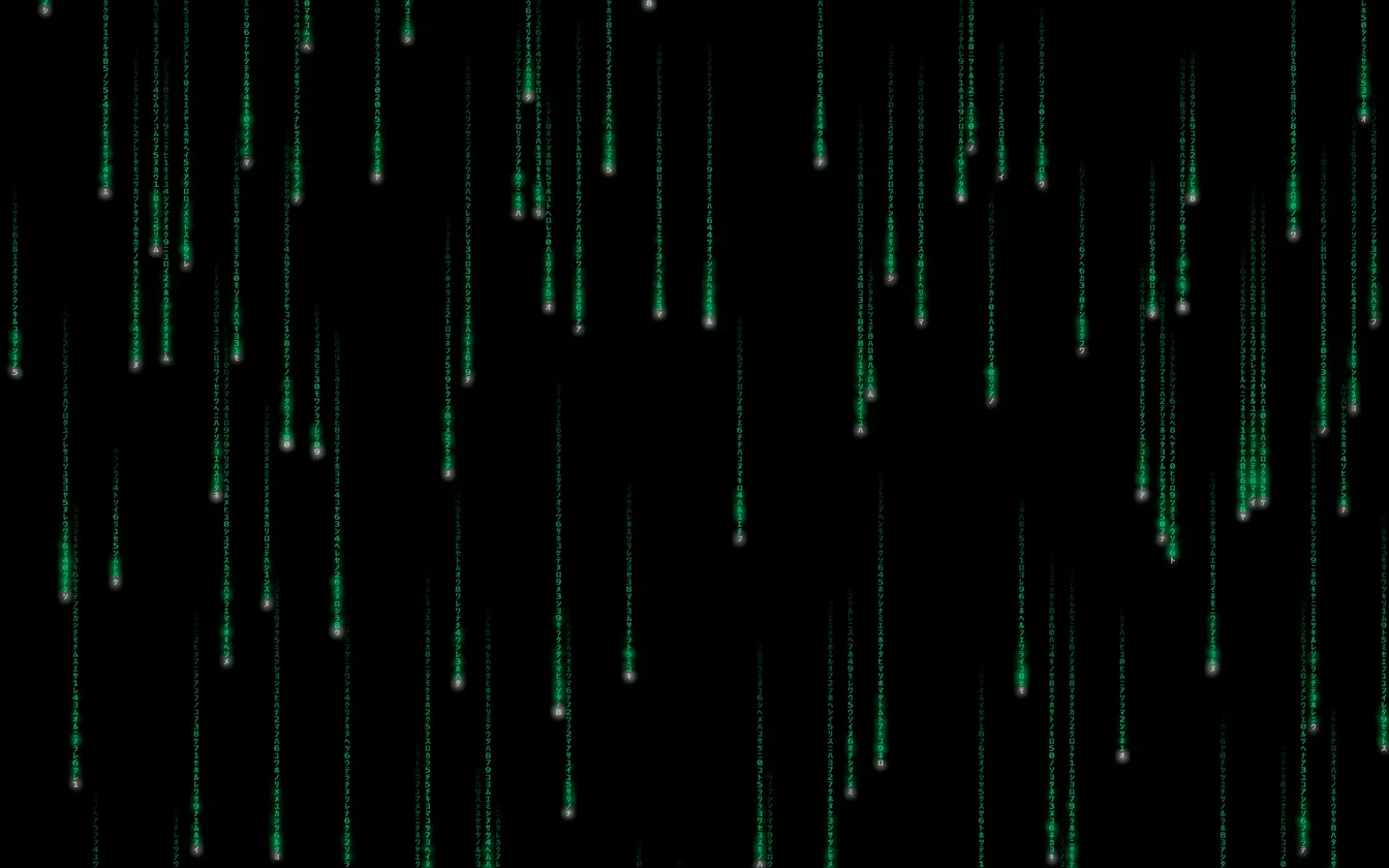 Sparse green glyph trails falling down a black screen — RainGlyph in fullscreen mode