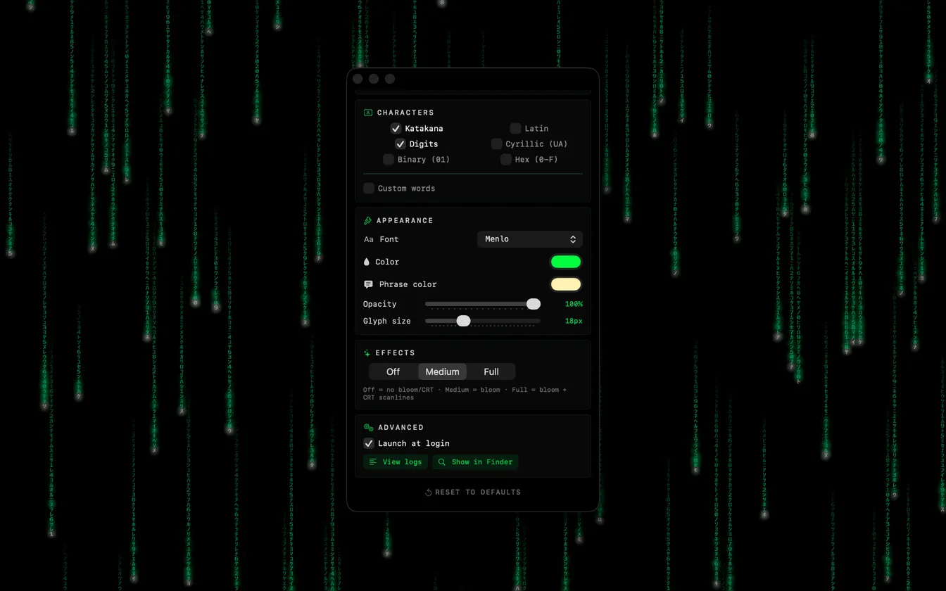 RainGlyph settings panel with character set, colour and effect controls, floating over digital rain